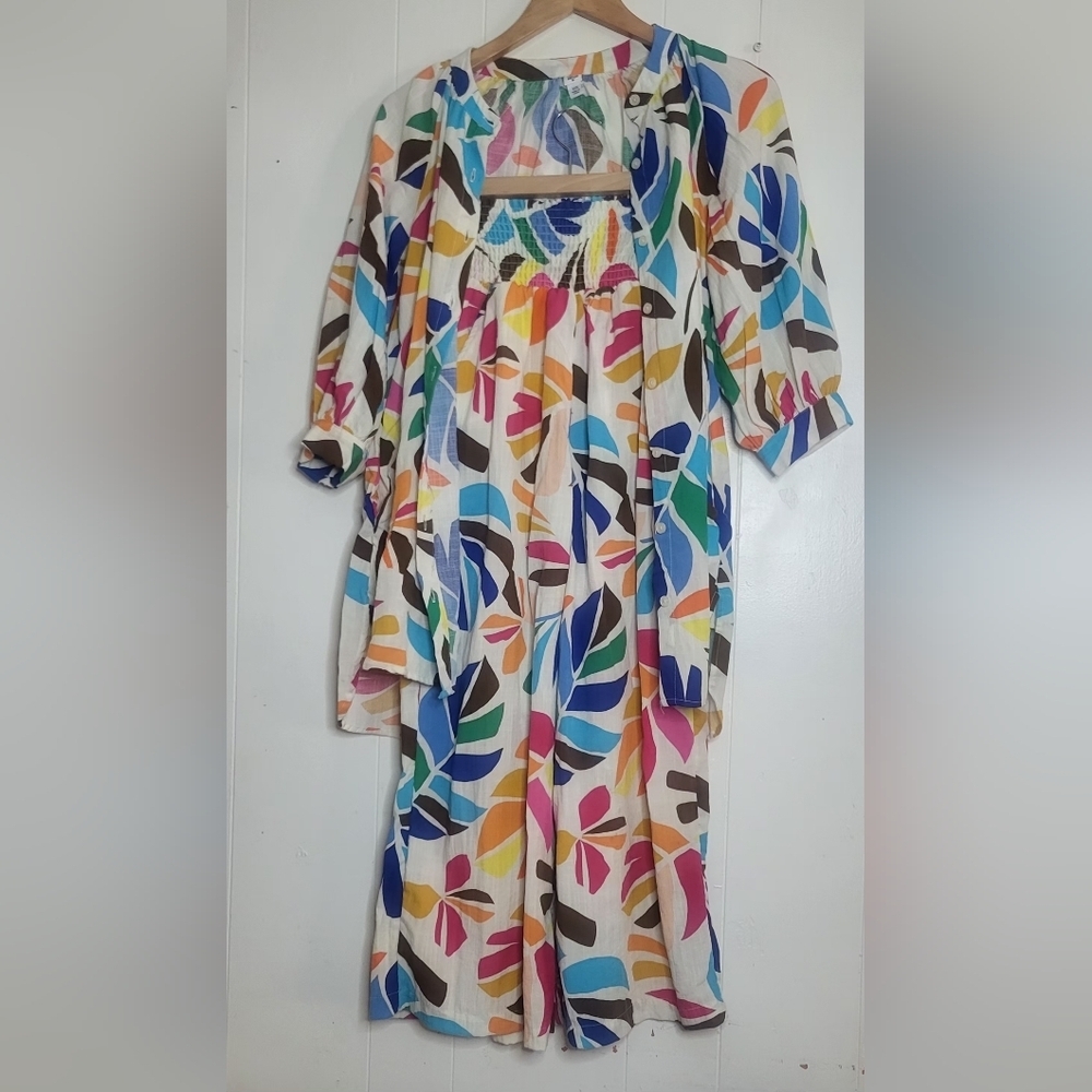 Tabitha Multicolor Leaf Pattern Tunic And Pants Set